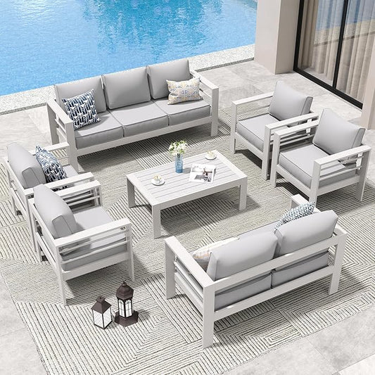 Amopatio Aluminum Patio Furniture Set, 10 Pieces Modern Patio Conversation Sets, Outdoor Sectional Metal Sofa with Coffee Table for Balcony, Garden, White (Included Waterproof Covers)