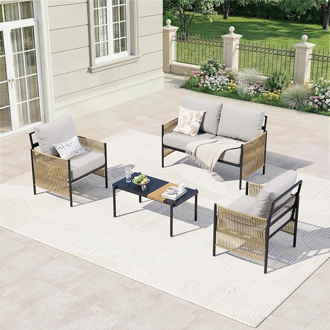 Aluminum Outdoor Patio Furniture Set, 4 Seats Outdoor Sectional with Coffee Table, Patio Conversation Sets with Washable Thick Cushions and Waterproof Cover for Backyard/Garden /Poolside, Silver Gray