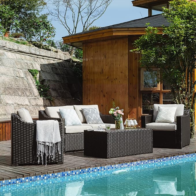 HAPPATIO 4 Piece Patio Conversation Set,Outdoor Sectional,All-Weather Patio Furniture Set(BrownGrey)