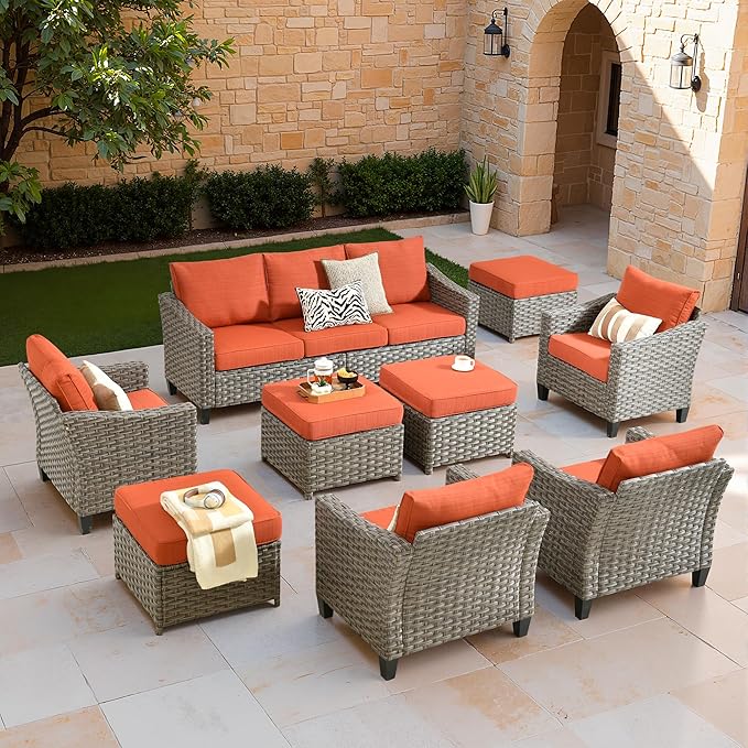 Patio Furniture Set, 7 Pieces Outdoor Wicker Rattan Sofa Couch with 4 Chairs, Ottomans and Comfy Cushions, All Weather High Back Conversation Set Garden Backyard, Brown Rattan Red Cushions