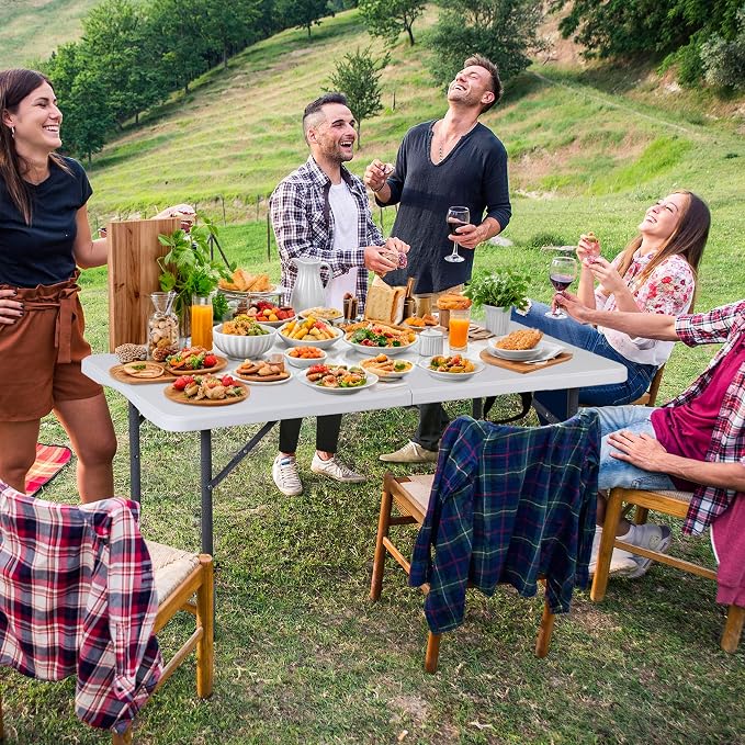 4 FT Folding Table, Fold in Half, Height Adjustable Heavy Duty Portable Plastic Table w/Handle for Picnic Party Camping Dining Indoor Outdoor, Lightweight White