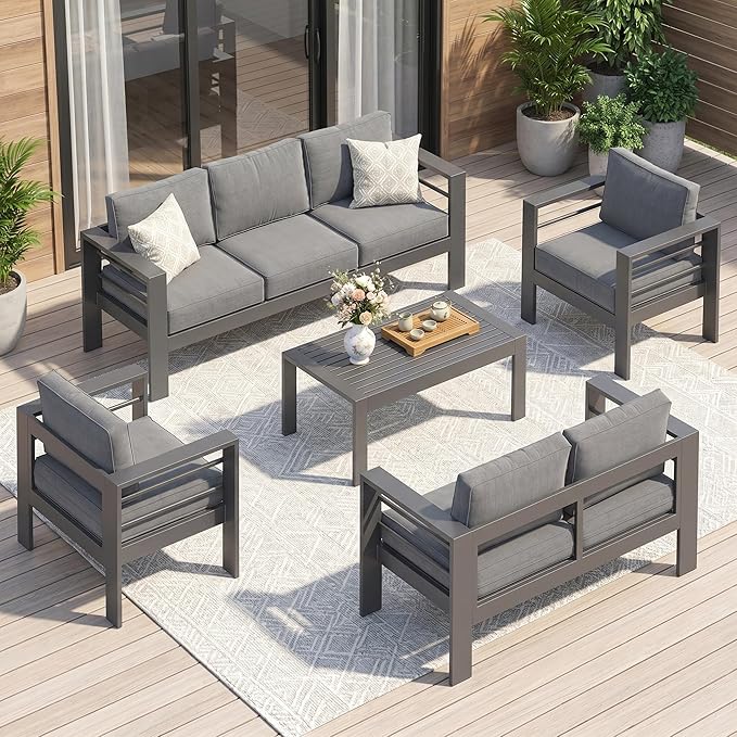 Solaste 7-Seaters Aluminum Outdoor Patio Furniture Set, Patio Sectional with 5" Thick Cushion, Outdoor Furniture with Coffee Table, Patio Sofa for Porch, Backyard, Deck, Yard, Dark Grey