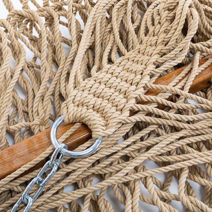 Original Pawleys Island Large Tan DuraCord Rope Hammock – 13 ft. x 55 in., 2-Person, 450 lb Capacity, Oak Spreader Bar, Zinc-Plated Hardware, Handcrafted in the USA