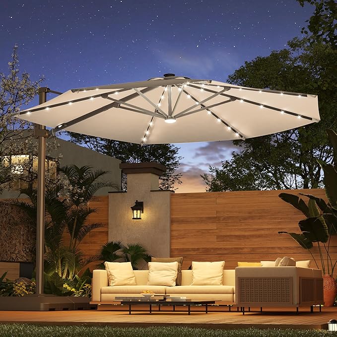 FLAME&SHADE 11ft Cantilever Patio Umbrella with Base, Round Offset Umbrella with Solar Light Strips, Large Heavy Duty Outdoor Aluminum 360° Rotation,for Deck,Pool,Backyard