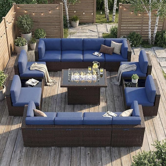 15 Pieces Patio Furniture Set with 44" Propane Gas Fire Pit Table, Outdoor Sectional Brown Rattan Wicker Conversation Sofa Sets with Coffee Table