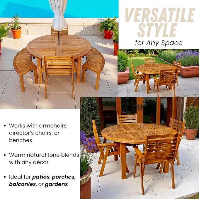 Patio Wise Round Acacia Wood Patio Table, Indoor/Outdoor Wooden Dining Tables, Deck, Balcony, & Porch Furniture, 57-Inches Long x 57" Wide x 29 ½ -Inches High with 2-Inch Umbrella Hole, Teak