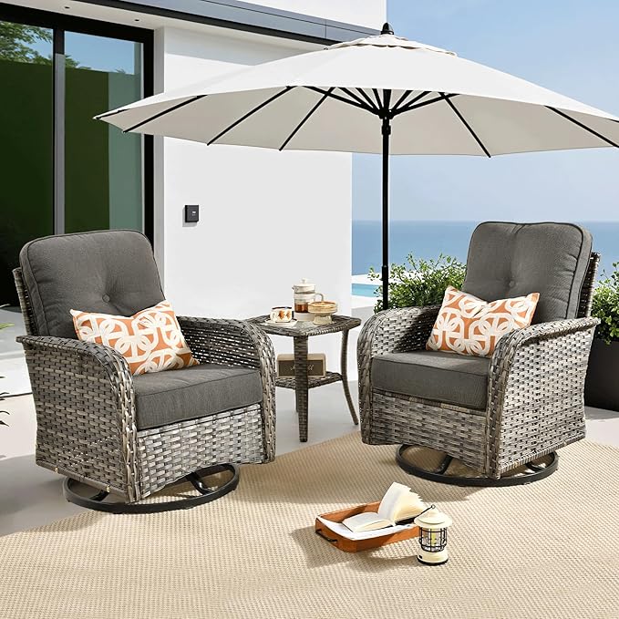 ovios 3-Piece Patio Furniture Set, Outdoor Wicker Sofa with Swivel Chairs, High Back Rattan Gliders Rocker with Comfy Cushions for Porch Yard Deck, Black