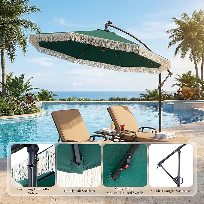 MONDAWE 10FT Cantilever Patio Umbrella with Tassels, 360° Rotation Offset Outdoor Umbrella, Heavy Duty Backyard Shade Umbrella with 180G Fabric for Patio Garden Deck