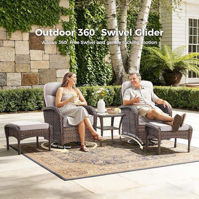 Luxury Patio Furniture Set with Fire Pit Table, Outdoor Furniture Set with High Back Swivel Chairs & 6-inch Thick Cushions, 7 PCS Fire Pit Patio Set for Yard, Deck, Poolside, Brown/Beige