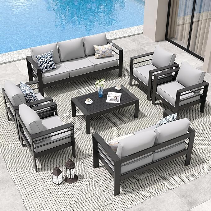 Amopatio Aluminum Patio Furniture Set, 10 Pieces Modern Patio Conversation Sets, Outdoor Sectional Metal Sofa with Coffee Table for Balcony, Garden (Included Waterproof Covers)