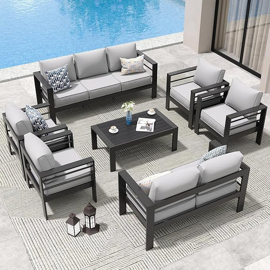 Amopatio Aluminum Patio Furniture Set, 10 Pieces Modern Patio Conversation Sets, Outdoor Sectional Metal Sofa with Coffee Table for Balcony, Garden (Included Waterproof Covers)