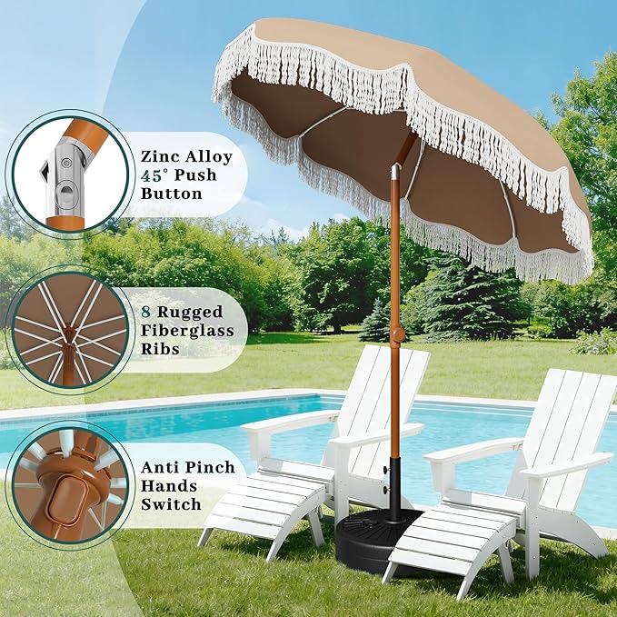 AreShark 7ft Patio Umbrella with Fringe, UPF50+ Beach Umbrella for Table, Pool & Garden, Portable Outdoor Tassels Umbrella w/Fiberglass Ribs&Push Bottom Tilt(Beige)
