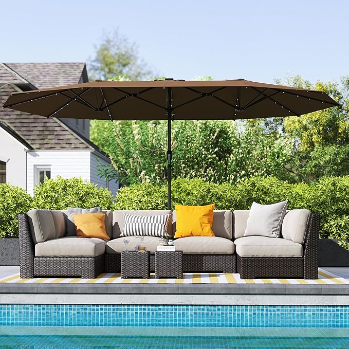 Outsunny 14.8ft Double Umbrella, Large Outdoor Patio Sun Shade with LED Solar Light for Garden