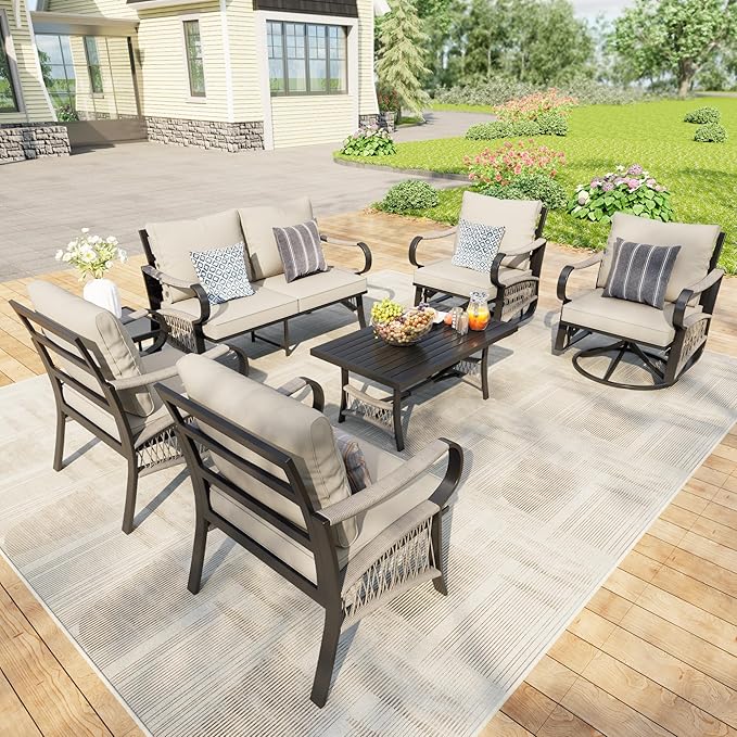 7 Pieces Patio Furniture Set, Metal Outdoor Conversation Sets with Swivel Chairs, Modern Couch Sofa Seating Group with Coffee Table and Side Table (Thick Beige Cushions)