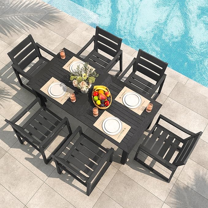 Cozyman Patio Table and Chairs Set, HDPS Outdoor Dining Set for 6, Patio Furniture for Deck, Poolside, and Backyard, Black