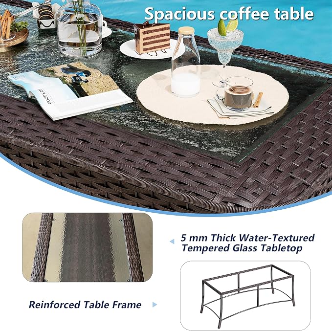 7-Piece Patio Furniture Set,Outdoor Conversation Sets w/Glass Table&High Back Wicker Swivel Rocker Chairs,All-Weather Wicker Sectional Sofa for Deck,Yard and Poolside,Navy Blue