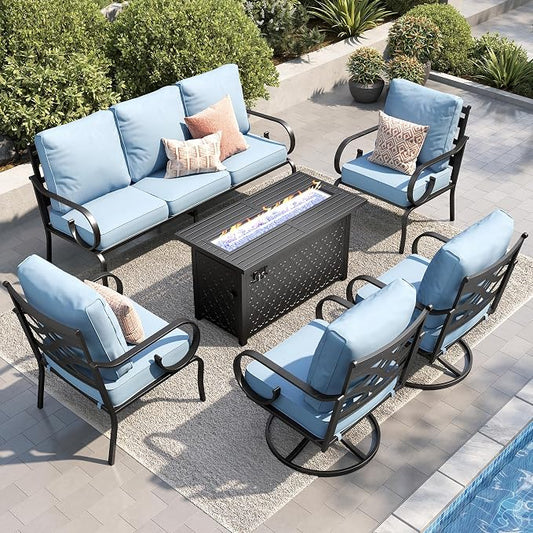 PHI VILLA Patio Furniture Set, 3-Seater Sofa, 2 Fixed Chairs, 2 Swivel Chairs and a 45" Fire Pit Table, Outdoor Metal Conversation Set with 5.75" Extra Thick Cushion for Garden Backyard Deck, Blue