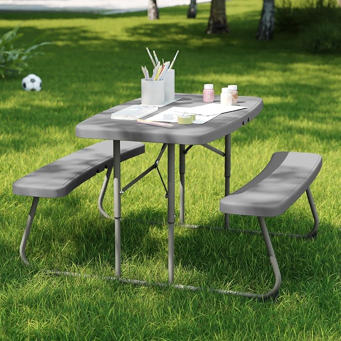 BizChair Easy-Fold Kids Outdoor Picnic Table and Benches - Commercial Grade Folding Plastic Play Table - Recommended for up to Age 5 - Gray