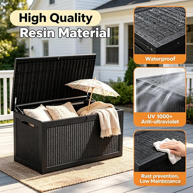 328 Gallon Waterproof Outdoor Storage Box, Heavy Duty Resin Deck Box Lockable, Large Outside Patio Storage Bench for Garden Tools & Pool Accessories, Hydraulic Lift, All-Season UV-Resistant, Black