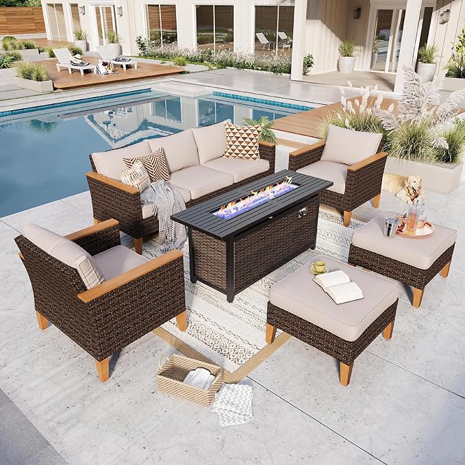 GREEN PARTY 7 Pieces Wicker Patio Furniture Set with 56" Fire Pit Table, All-Weather Outdoor Rattan Patio Sectional Sofa Conversation Set 7 Seats with 4" Thick Cushions for Garden, Backyard