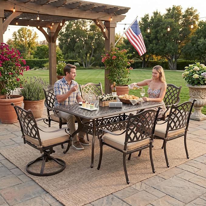 7-Pcs Cast Aluminum Patio Dining Set,59" Rectangular Table,Bronze | Outdoor Furniture Set Include Dining Table, 4 Stackable Chairs & 2 Swivel Chairs with Cushions & Umbrella Hole