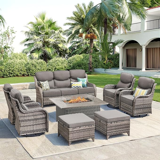 Luxury Patio Furniture Set with Fire Pit Table-8 Pieces All Weather Outdoor Swivel Rocker Chairs with Sofa and Ottomans. Outdoors Patio Conversation Sets for Porch Deck Garden Backyard(Grey/Grey)