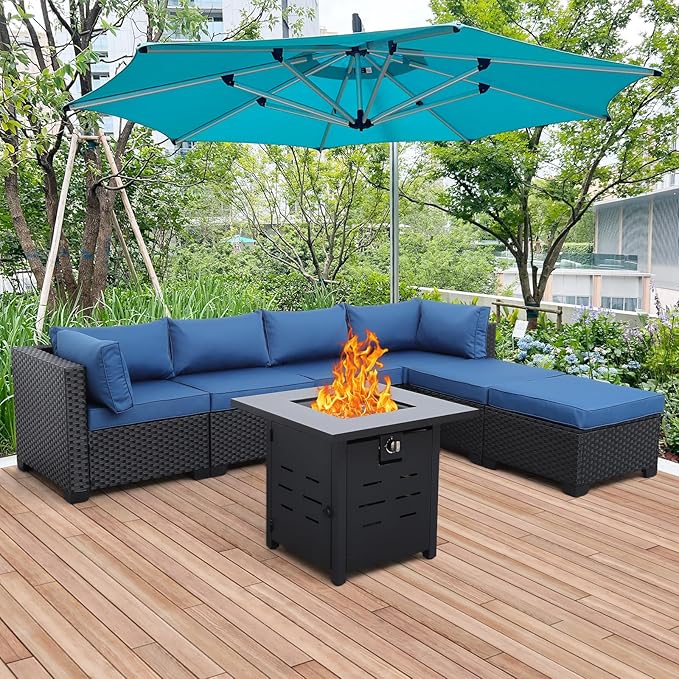 7 Pieces Outdoor PE Wicker Furniture Set Patio Rattan Sectional Conversation Sofa Set with Navy Blue Cushions and Fire Pit Table