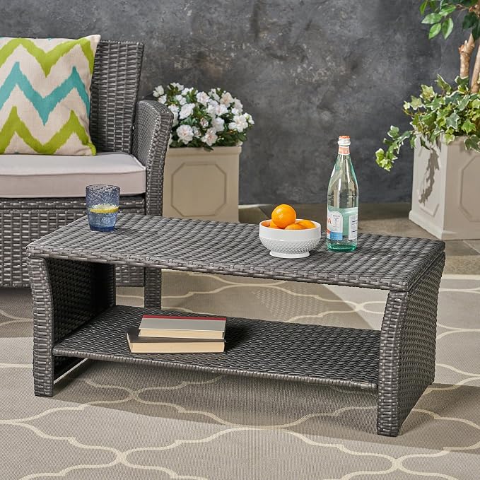ST Lucia Patio Coffee Table Woven Rattan Open Shelf, Grey | Woven rattan, weather resistant, flat tabletop, open lower shelf, stable 4-corner base
