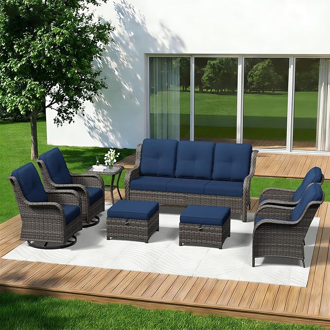 8 Piece Outdoor Wicker Patio Furniture Set, Patio Chairs Set with Thickened Olefin Cushions, High Back and Deep Seating, Hand-Woven PE Rattan, Ottoman for Porch, Deck