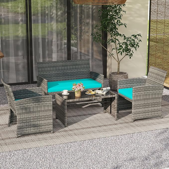 Tangkula 8 Piece Patio Wicker Furniture Set, Outdoor Heavy Duty Rattan Cushioned Chairs, Loveseat and Tempered Glass Coffee Table, for Backyard, Balcony, Poolside