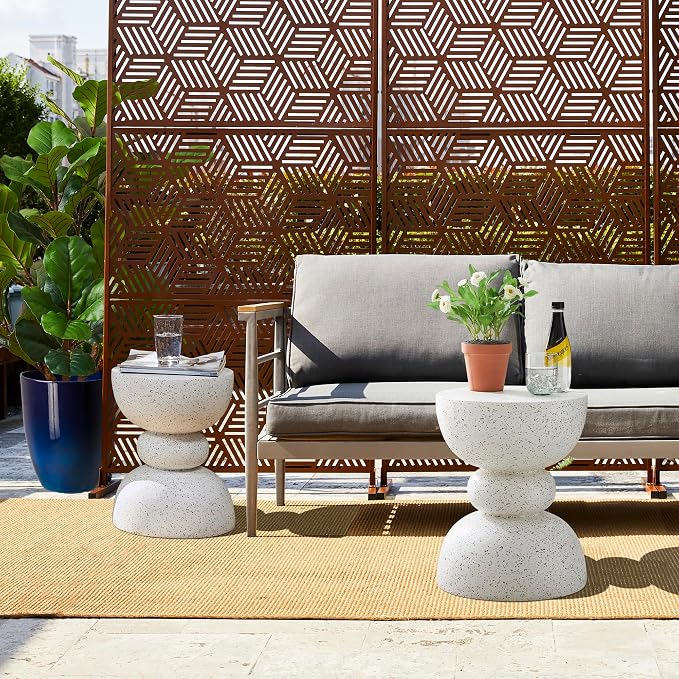Glitzhome Outdoor Side Table, Round Small End Table with White Terrazzo Finish MGO Garden Stool, Set of 2 Lightweight Decorative Accent Table for Living Room Planter Stand Patio Backyard Pool Porch