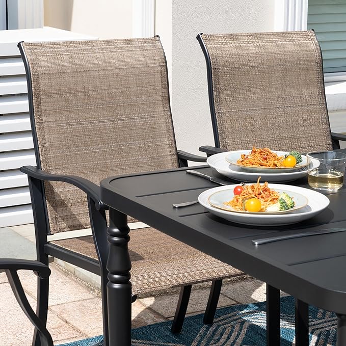 NUU GARDEN 7-Piece Outdoor Metal Dining Set, Patio Dining Table Set with 2 Textilene Swivel Chairs and 4 Textilene Chairs, Patio Furniture Set for Patio, Deck, Garden, Backyard, Balcony, Black&Brown