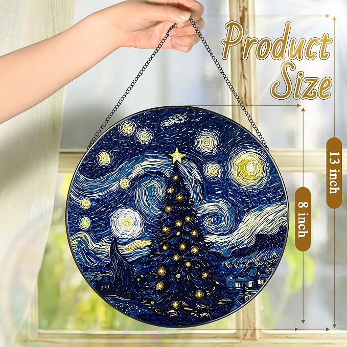8-Inch Starry Night Christmas Tree Suncatcher Ornament, Stained Glass Window Hanging & Stained Glass Holiday Ornament, Sun Catcher Window Decor, Van Gogh’s Keepsake, Gifts for Christmas & Holidays
