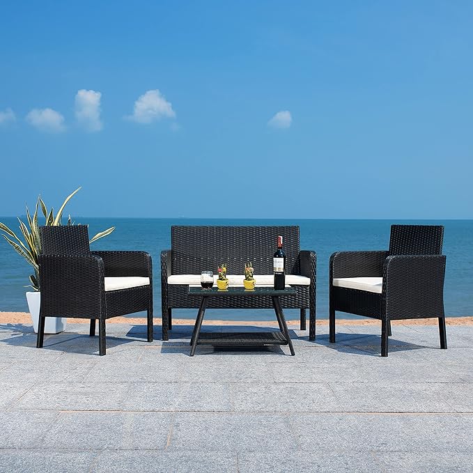 SAFAVIEH PAT7505A Collection Aboka Black and Beige 4-Piece Outdoor Living Patio Set