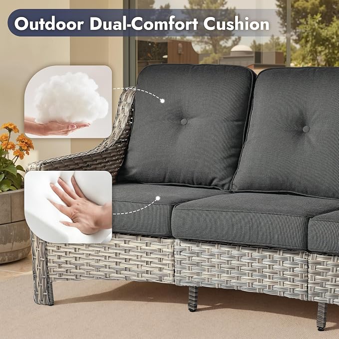 6 PCS Patio Furniture Set, Deep Seat High Back Outdoor Conversation Set with Ottomans, Wicker Outside Furniture with Solar Light Coffee Table for Porch Backyard Balcony, Sunroom, Black