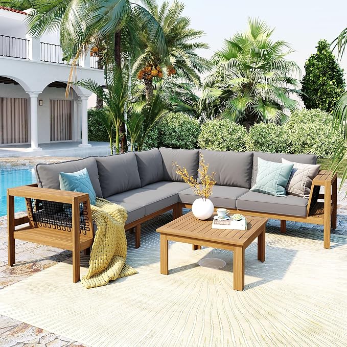 Merax 4 Pieces Patio Furniture Set, Outdoor L-Shaped Sectional Sofa Set with Coffee Table, Acacia Wood Conversation Seating & Thick Cushions and Side Table, for Backyard, Garden and Poolside, Grey