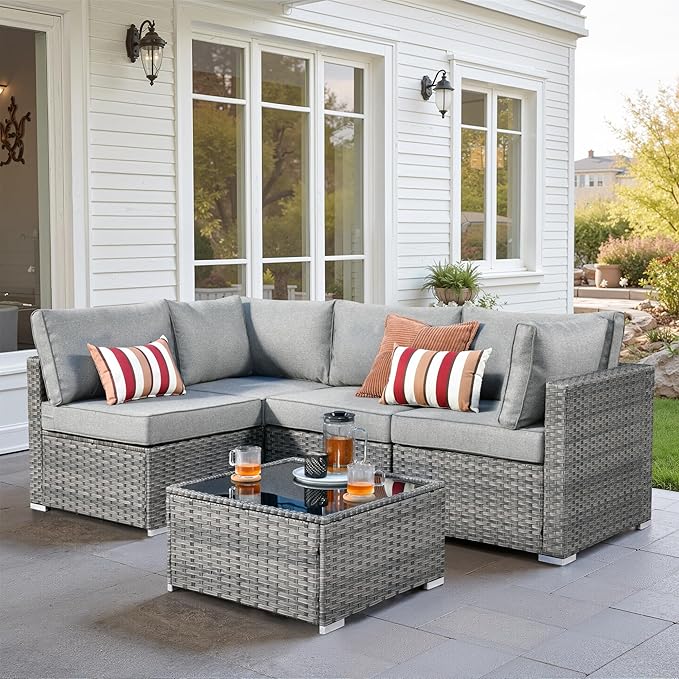 5 PCS Outdoor Patio Furniture Sets,Wicker Weather Resistant Patio Conversation Set with Comfy Cushions,Modular L Shaped Sofa with Coffee Table for Yard Backyard Porch Garden Poolside,Dark Grey
