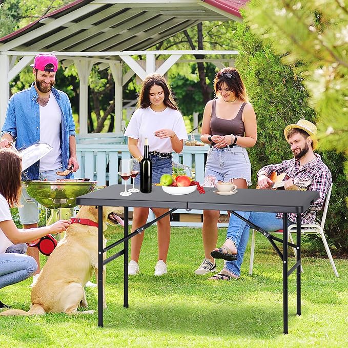 JupiterForce 4ft Folding Table, Indoor Outdoor Portable Plastic Picnic Table, Heavy Duty Rectangular Party Camping Dining Table with Carrying Handle, Black
