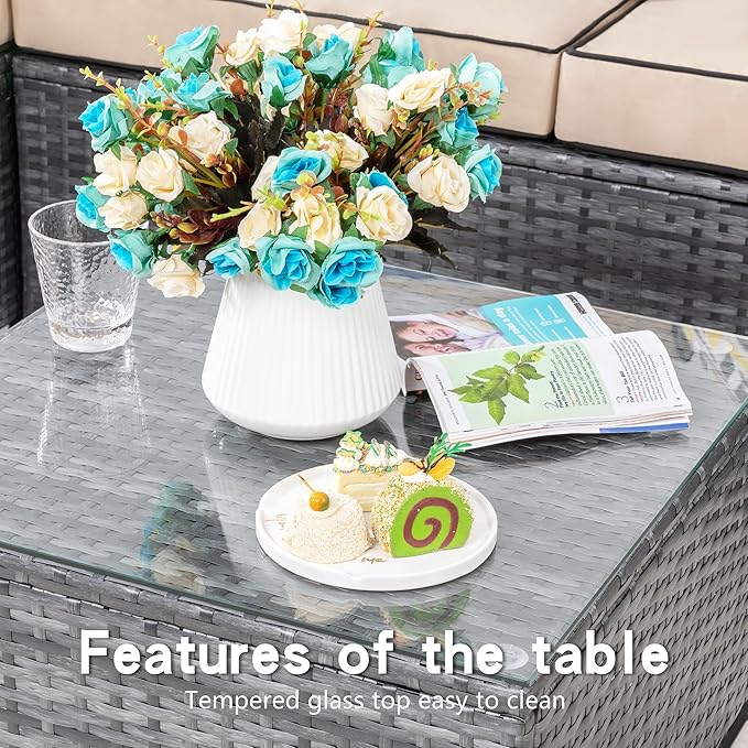3 Pcs Patio Furniture Set,Outdoor Sectional Sofa with Washable Khaki Cushions,Silver Wicker Outdoor Conversation Set with Glass Table,All-Weather Patio Rattan Sofa Couch for Poolside,Garden,Backyard