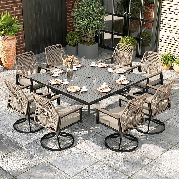 MIXPATIO 9 Pieces Outdoor Patio Dining Set, Wicker Patio Table and Chairs Set of 8, Swivel Wicker Chairs with 3.2" Cushion and Square Table with Umbrella Hole for Yard, Porch, Beige