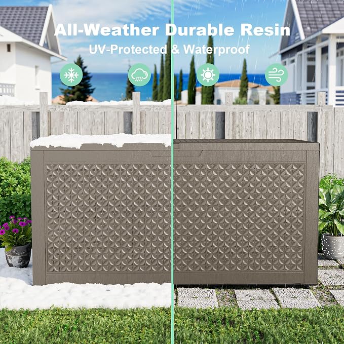 110 Gallon Deck Box Outdoor, Waterproof Outdoor Storage Boxes with Lids, Outside Resin Lockable Storage Box for Patio Cushions, Garden Tools(Grey)