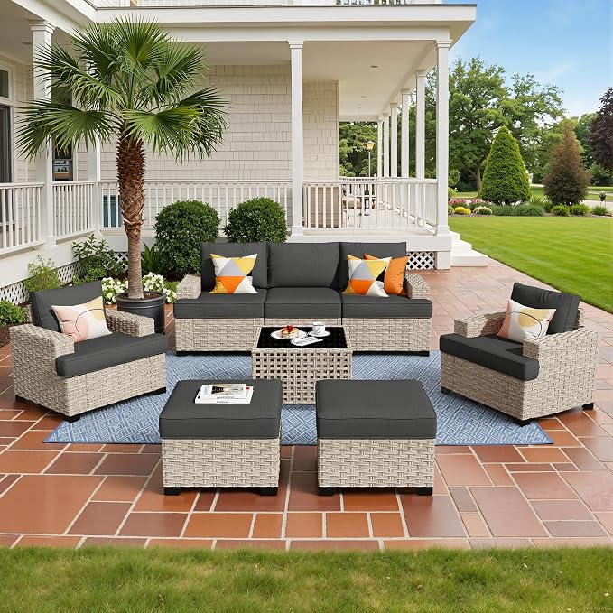 Weaxty 8 Pieces Outdoor Furniture Set, Patio Sectional Sofa Wide Seats Couch Chair with Ottoman Solar Table, Thick Cushion All-Weather Rattan Patio Conversation Sets for Backyard Porch Deck, Black