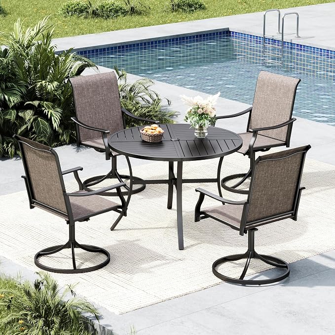 MFSTUDIO 5 Piece Outdoor Dining Set, Round Patio Table & Swivel Chairs | Weather-resistant, 4 person, Breathable & quick-drying Textilene, Metal Frame, Umbrella hole, Outdoor deck backyard