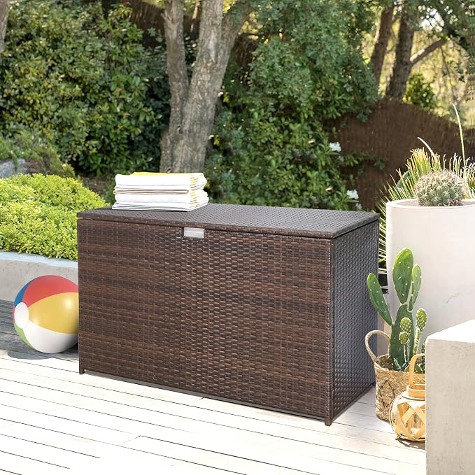 Patiorama Outdoor Wicker Storage Box Patio Aluminum Frame Espresso Brown Wicker Cushion Storage Bin Deck Box, 120 Gallon