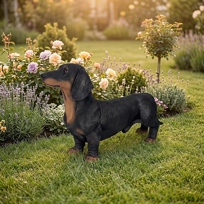 26.38" Black & Tan Dachshund Statue | Realistic Resin Dog Garden Decor, Outdoor Gardens, Sturdy Base