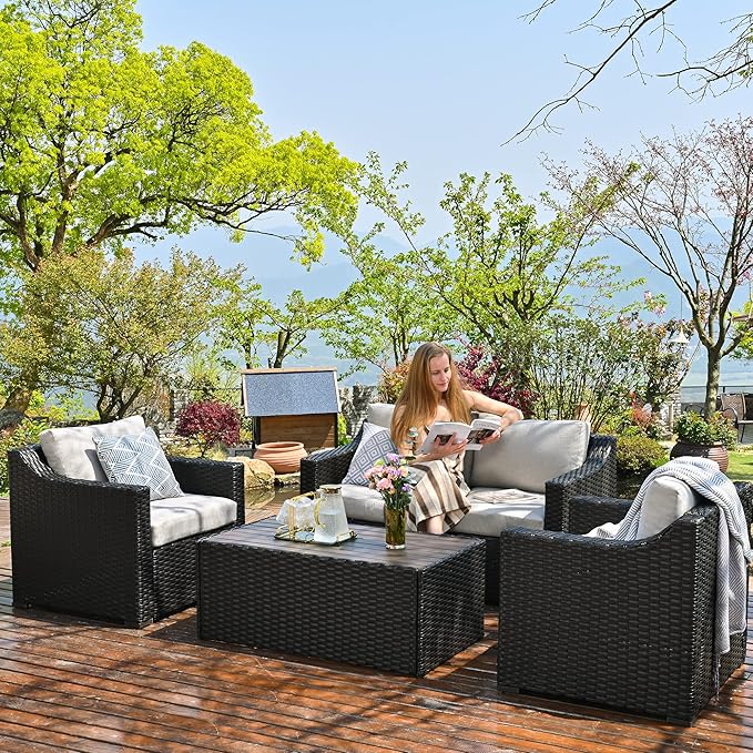 HAPPATIO 4 Piece Patio Conversation Set,Outdoor Sectional,All-Weather Patio Furniture Set(BrownGrey)