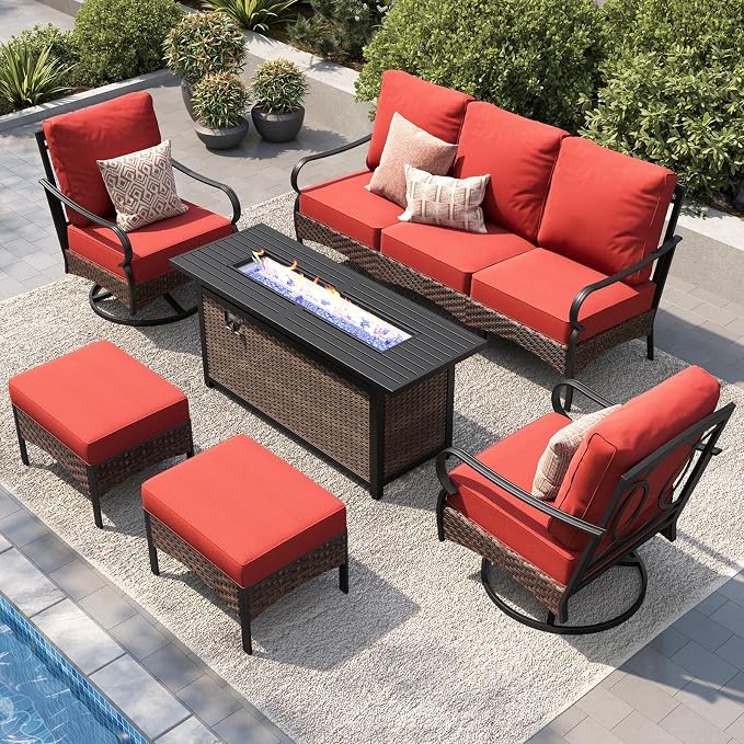 PHI VILLA Patio Furniture Set with 56" Fire Pit Table, Metal Frame Outdoor Conversation Sets, Wicker Patio Sectional Swivel Chairs with Ottomans for Porch, Deck, Poolside(6 Pieces, Red)