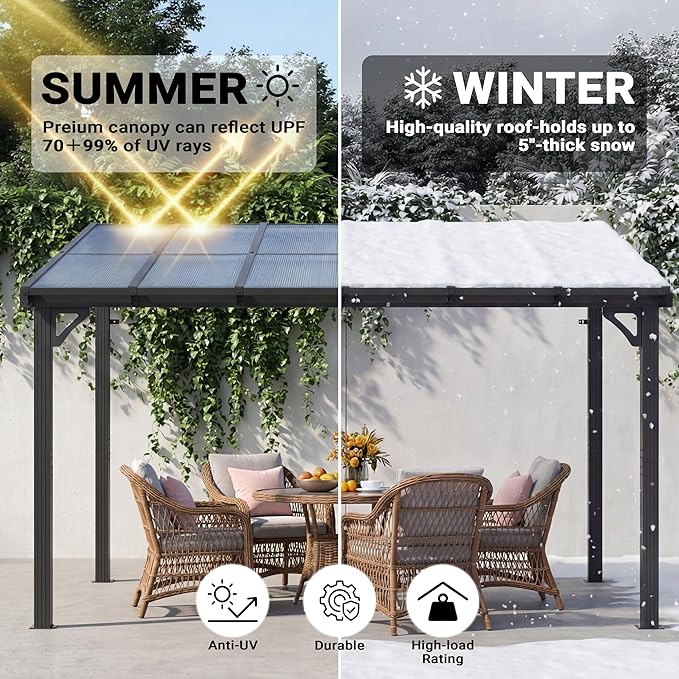 AirWire 10x12 FT Gazebo,Wall Mounted Gazebo Awnings with Polycarbonate Roof on Clearance, Patio Covers for Shade and Rain, Lean to Gazebo Hardtop Pergolas for Patios, Decks, Backyard