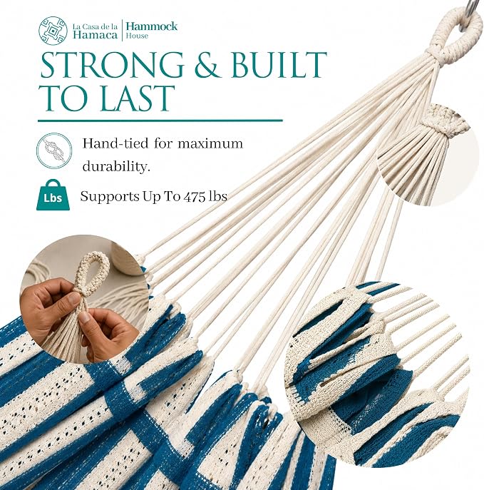 Hammock for 1-2 Person, 475 lbs Capacity – Handwoven Mexican Hammock, 100% Soft Cotton – 9.8 ft Mayan Hammock for Patio, Backyard, Indoor & Camping – Medium, Light Blue