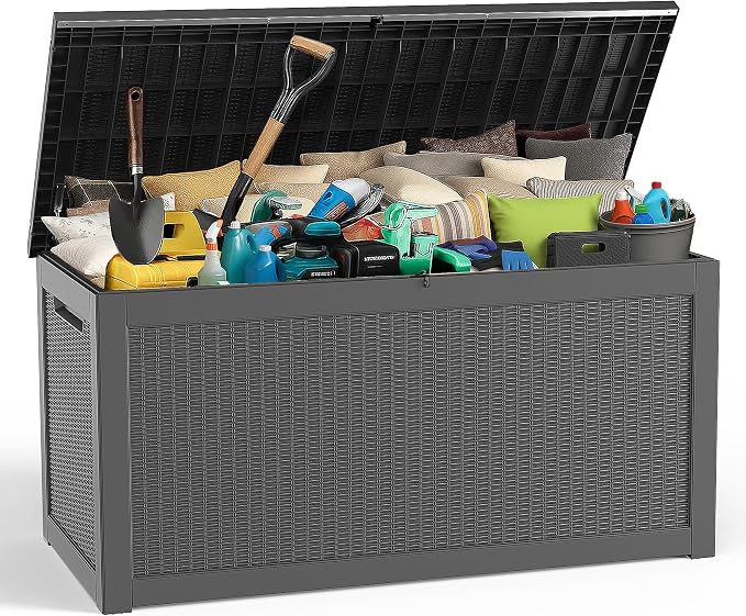 Deck Box Large Outdoor Storage for Patio Furniture,Outdoor Cushions,Garden Tools and Pool Supplies,Waterproof,Resin,Lockable (Black, 320 Gallon)